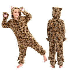 Party Village Kids Cheetah Hooded Romper Kids Flannel Halloween Cosplay Costume 13-14Y for Autumn Winter