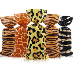 120 Pieces Jungle Animal Treat Bags Wild Giraffe Cheetah Zebra Tiger Print Cellophane Plastic Candy Bags Goodie Favor Bags with 100 Silver Twist Ties for Jungle Safari Zoo Birthday Party Supplies