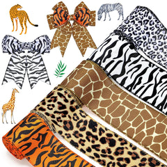 5 Rolls Jungle Animal Wired Ribbons 2.5 Inch Party Decorations Safari Animal Burlap Wrapping Ribbon for Crafts Leopard Zebra Cheetah Leaves Printed Ribbon for DIY Craft Wild One Party (Leopard Style)